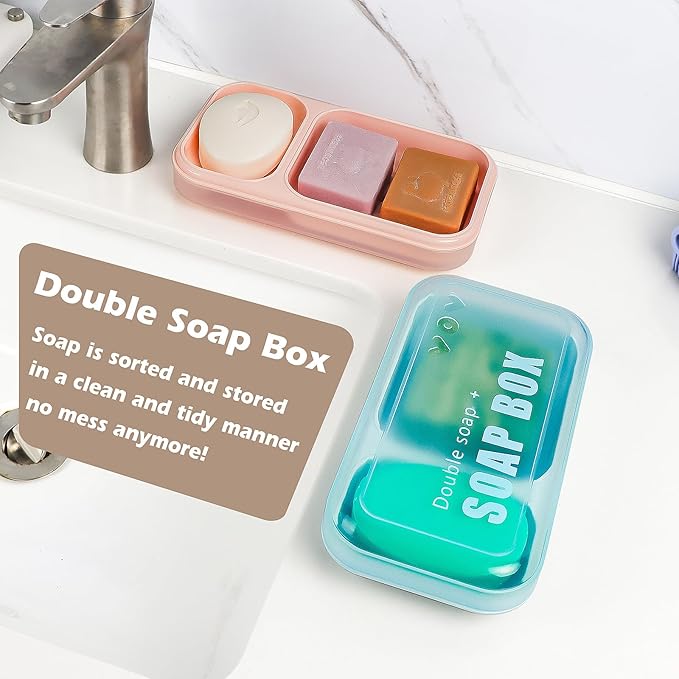 Large Dual Compartment Soap Dish with Lid & Drain Holes | Large Capacity Shower Organizer, Non-Slip Bathroom Soap Holder for 2 Bars - Durable PP Plastic, Prevents Melting (Pink)