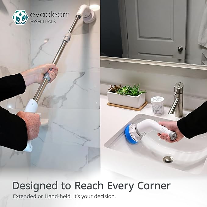 Evaclean Essentials Electric Spin Scrubber - Bathroom Cleaning Brush for Shower, Tub, Home, Up to 400rpm Power, Cordless, 90-Min Runtime, LED Indicator, 7 Brush Heads, 2 Speeds, Ergonomic Long Handle