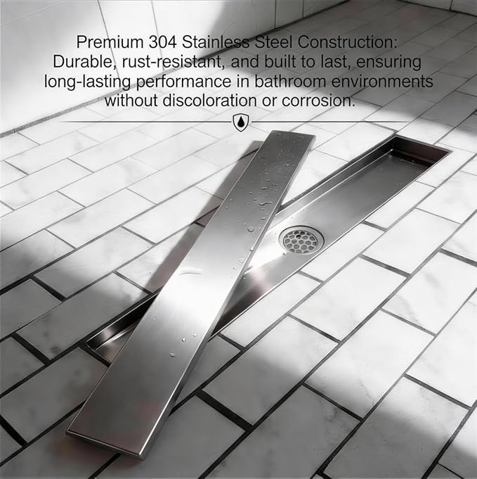 VANCOCO 24 Inch Linear Shower Drain, Brushed 304 Stainless Steel with 2-in-1 Tile Insert Grate, Adjustable Feet & Hair Strainer for Bathroom Remodel