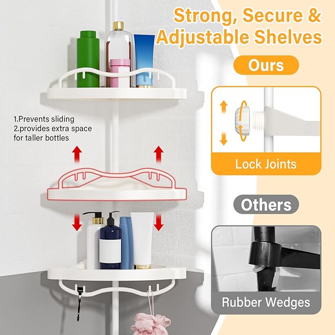 White Corner Shower Racks for Inside Shower - Heavy Duty Rustproof Stainless Steel Stand Shower Organizer with 4 Adjustable Shelves,No-Drill Free Standing for Bathroom, Bathtub,54" to 114" Tall