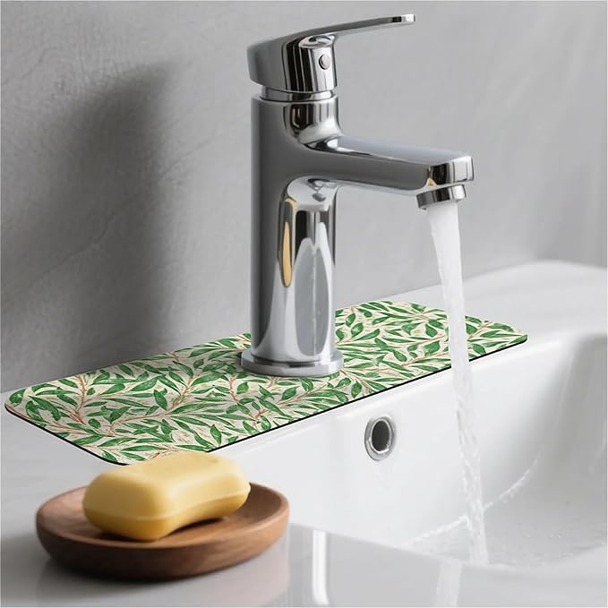 Kitchen Sink Splash Guard，Willow leaves Faucet Mat Sink Gadgets-Super Absorbent Fast Drying Mat Drip Catcher for Kitchen, Bathroom,Sink Mat, Dish Drying Mat, Bathroom(15" X 5.5" )