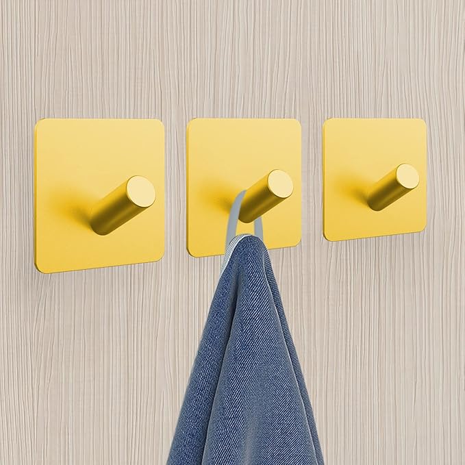 PMMASTO Self-Adhesive Towel Hooks - Sticky Heavy Duty Wall Robe Coat Hook for Hanging- Shower Hooks (Gold, “/ ”Shape 6PC)