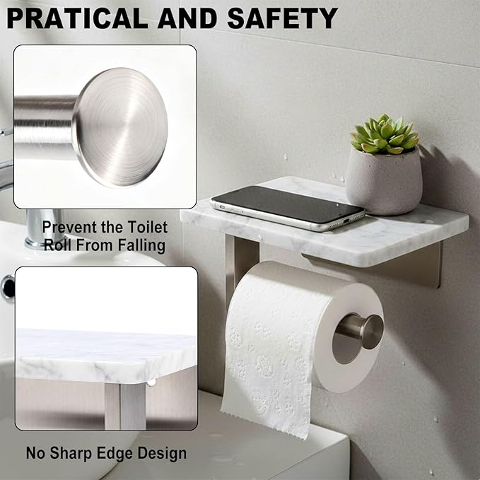 Toilet Paper Holder with Natural Marble Shelf for Bathroom Washroom,Wall Mounted Tissue Holder Suitable for Mega Roll (Brushed Nickel,Small 6.7 * 4.3 in)