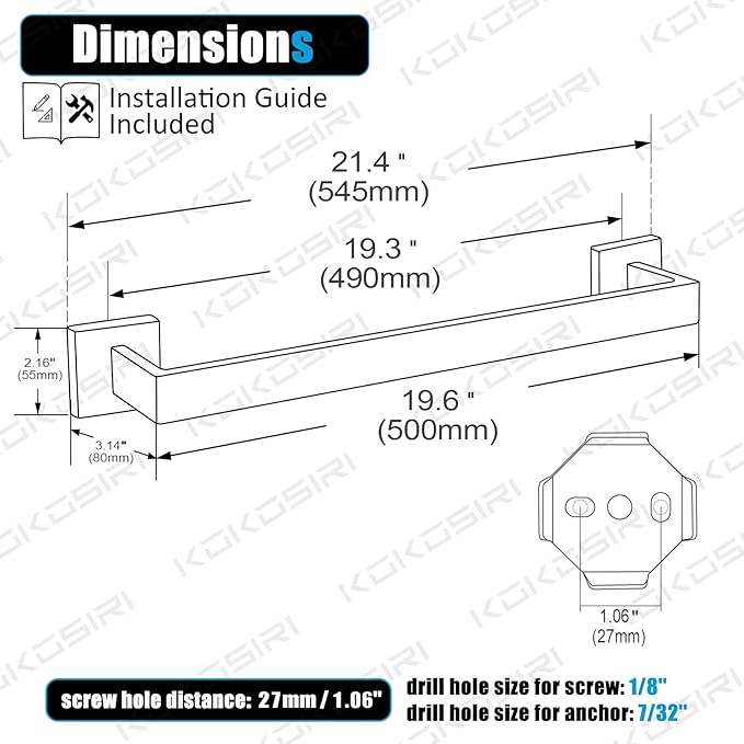 KOKOSIRI 20-Inch Single Towel Bar, Bathroom Kitchen Towel Holder, Wall Mounted SUS304 Stainless Steel Towel Rack, Brushed Nickel, B4003BR-L20