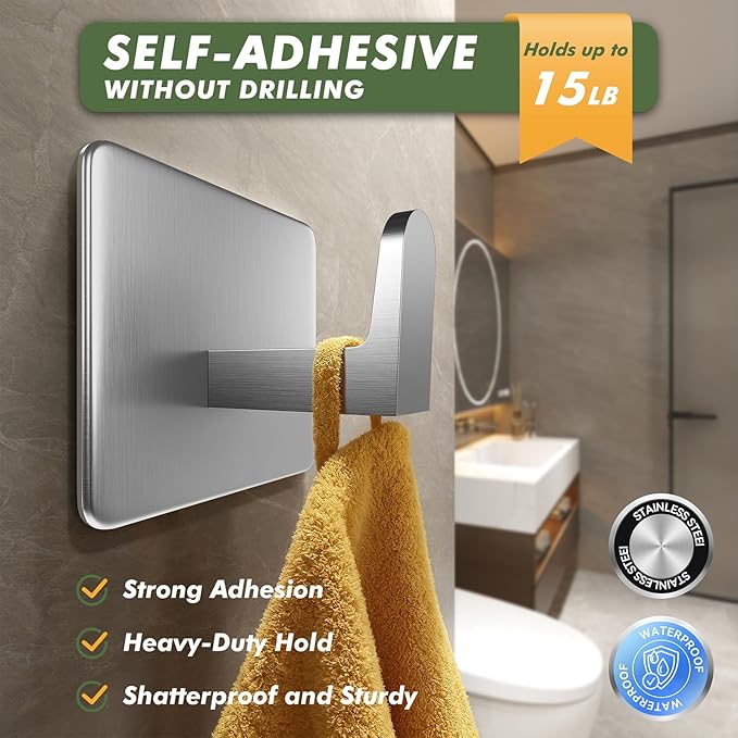 Auxmir Adhesive Hooks 15lb(Max) Towel Hooks, 5 Pack No Drilling Damage Free Wall Hooks, Thicken SUS304 Stainless Steel for Coat Robe, Waterproof Oilproof Rustproof for Bathroom Kitchen Office, Silver