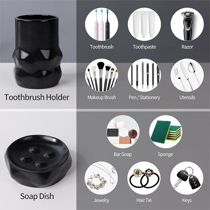 BosilunLife Modern Ceramic Bathroom Accessories Set, Bathroom Counter Set Matte Black Bathroom Decor Sets Accessories Bathroom Foam Soap Dispenser, Toothbrush Holder Set, Soap Dish, Apothecary Jars