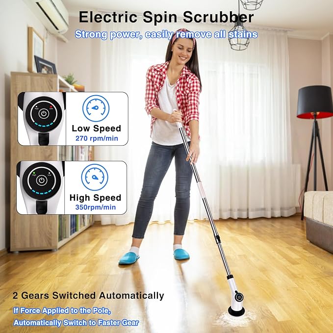 Electric Spin Scrubber, Cordless Cleaning Brush with 8 Replaceable Brush Heads and Adjustable Extension Handle, Power Scrubber Dual Speed Shower Scrubber for Tub, Tile, Floor, Bathroom, Kitchen, Car