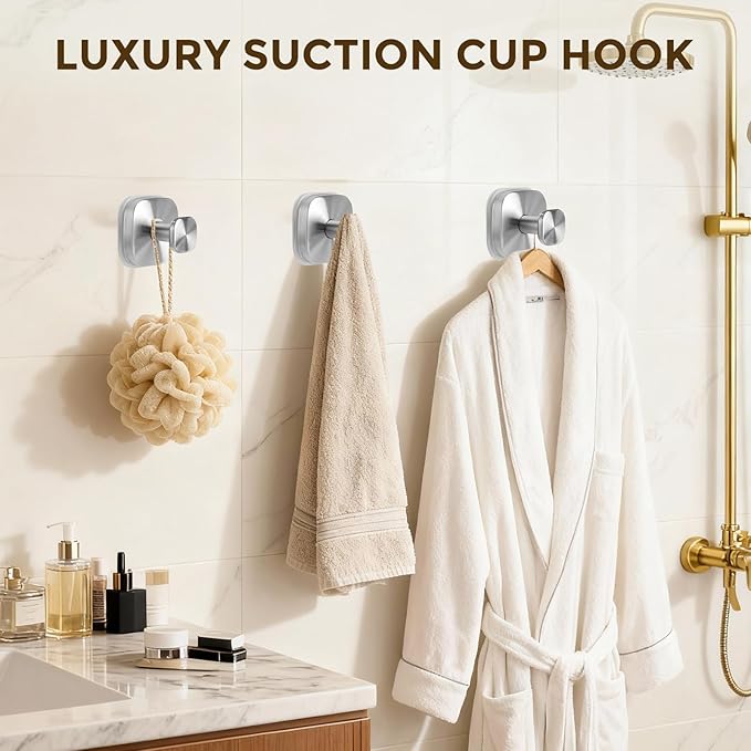 Suction Cup Hooks for Shower, No-Drill Towel Hooks for Bathrooms, Kitchen, Glass Door, Mirror, Tile, Shower Suction Hooks for Hanging Towels, Robe, Loofah, Christmas Wreath (Brushed Nickel, 2 Pack)