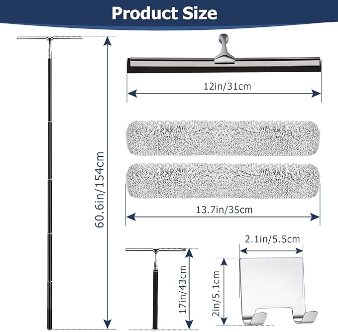 17'' - 62'' Metal Squeegee with Extension Pole for Window,Glass Door,Mirror, 12'' Wide Telescopic Shower Squeegee Cleaner with Long Handle (62'' Squeegee)