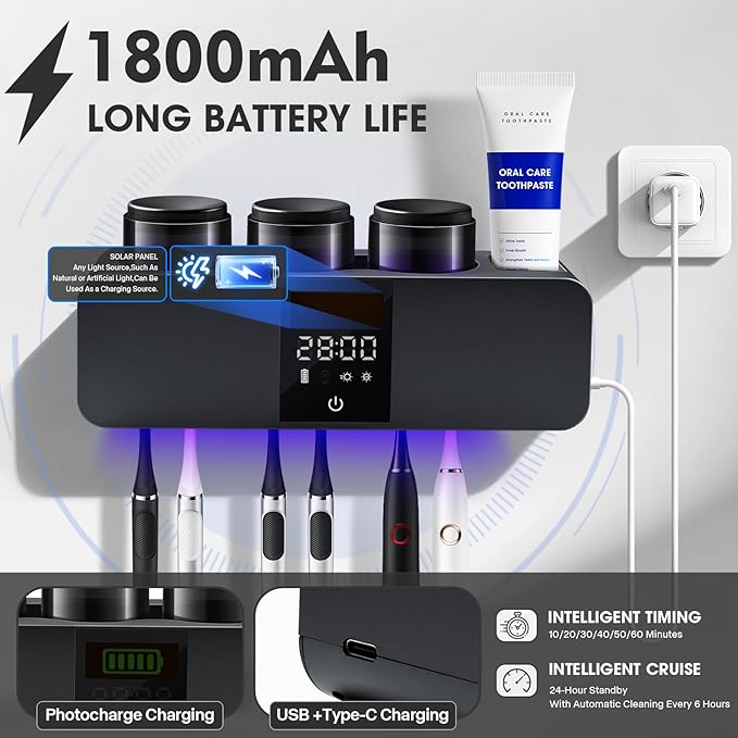 Wall-Mounted Smart Toothbrush Holder with Drying Function,Washroom Toothbrush Clean Holder No Drilling Required, with 3 Cups for Family (Black)