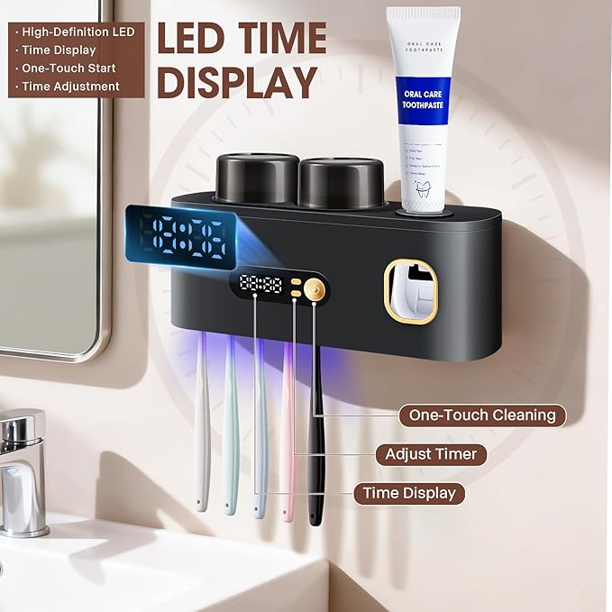 Upgrade Toothbrush Sterilizer,Toothbrush Holder for Bathroom,Tooth Brush Cleaning Tool with Toothpaste Dispenser Wall Mounted Type-C Charging with 2 Cups (Grey)