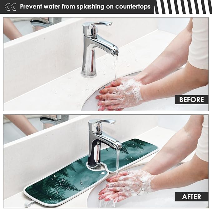 2 PCS Kitchen Sink Splash Guard 14.9 Inch Faucet Mat for Kitchen Sink Bathroom Sink Faucet Absorbing Drip Drain Mat Pad Microfiber Soft Washable Green Mountain Forest Trees
