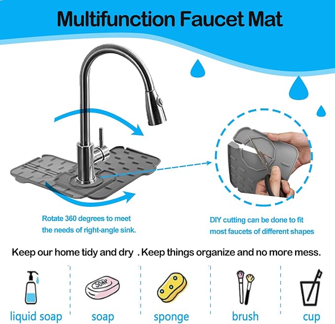 Mini Splash Guard 8.3" Dual-Sided Faucet Splash Guard Small Faucet Handle Drip Catcher Tray for Kitchen Sinks and Bathrooms, Durable Kitchen Countertop Drying Essential (Grey)