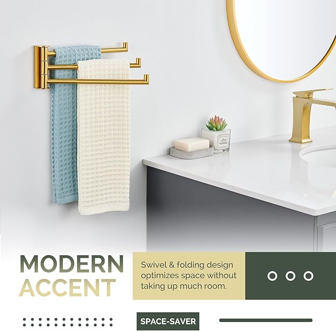 Angle Simple Swivel Hand Towel Rack, SUS 304 Stainless Steel Foldable 3 Towel Holder Bars for Bathroom Kitchen, Brushed Dark Gold