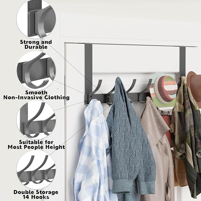 2 Pack Over The Door Hooks, Sturdy Door Hanger, Large Over The Door Towel Rack with 12 Hooks, Heavy Duty Easy to Install, for Bathroom, Bedroom，Kitchen，Hanging Towels, Coats (Grey)