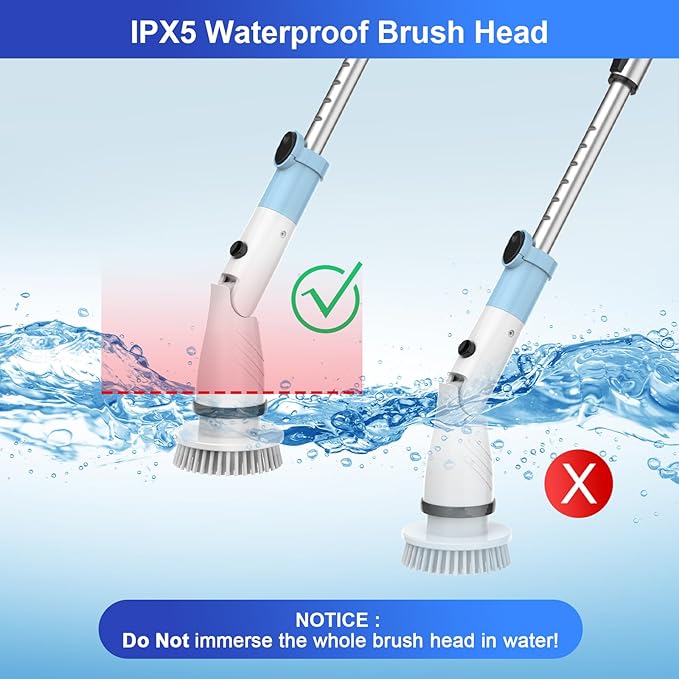 Electric Spin Scrubber,Cordless Spin Cleaning Scrubber with 5 Replaceable Brush Heads,Power Full Cleaning Brush Scrubber 450RPM,Adjustable Telescopic Handle&90min Runtime for Bathroom (Off White+Blue)