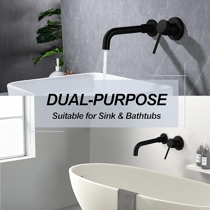 Wall Mounted Bathroom Faucet Single Handle Lavatory Sink Faucet Bathroom Vessel Sink Faucets with Single Lever 360 Swivel Basin Mixer Tap, Matte Black