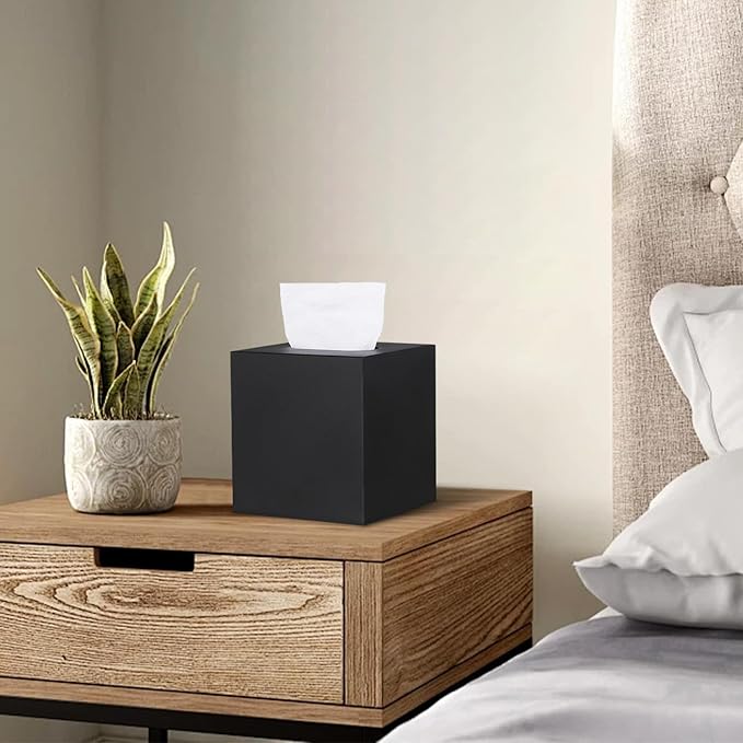 Metal Square Tissue Box lid, Modern Facial Tissue Holder for Bathroom Vanity Tops, Bedroom Dressers, Nightstands, Desks, Offices (Black)