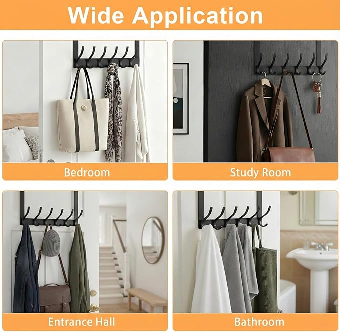 Large Over The Door Hooks, Sturdy Door Hanger with 12 Hooks, Door Towel Rack for Bathroom, Bedroom, Kitchen, Coat Rack for Hanging, Easy to Install (Black)