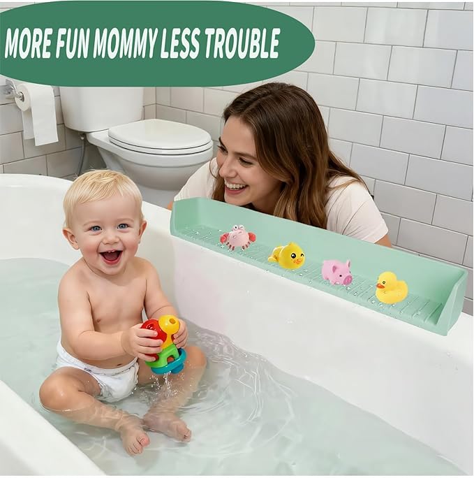 31-Ft Tub Kids Toy Tray Silicone Bathtub Splash Guard with 11 Suction Cups Holder,Soft Silicone Splash Guard for Easy Clean & Fold, Universal for Tub, Bathroom Sink, Kitchen Sink（green）