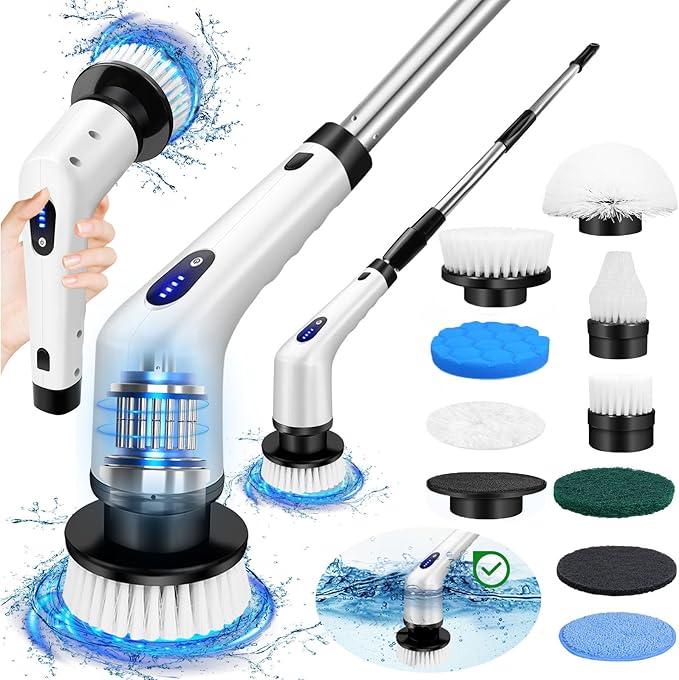 Electric Spin Scrubber, Cordless Electric Cleaning Brush with Adjustable Extension Arm, 9 Cleaning Brush Heads, Power Scrubber for Bathroom, Kitchen,Tiles, Floors, and Bathtubs, White