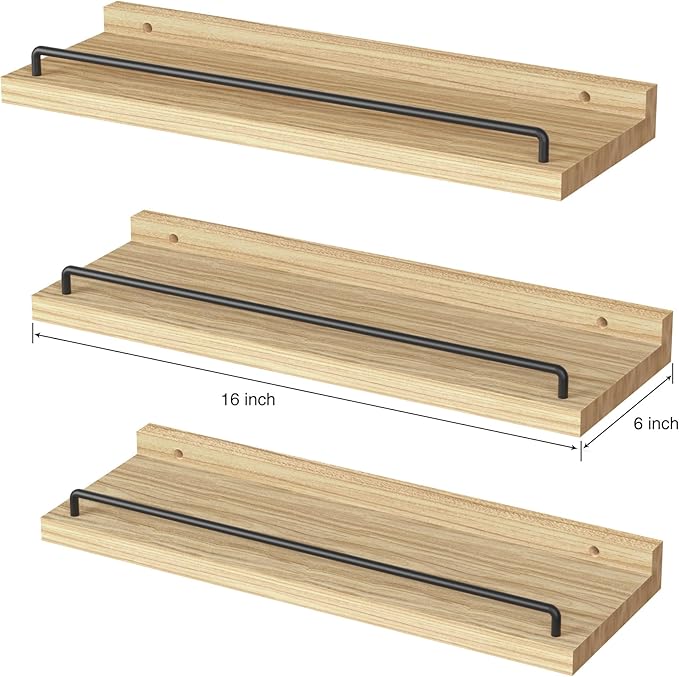 Floating Shelves for Wall Decor, Light Brown Wood Shelves for Bathroom, Living Room, Bedroom, Picture Frames, Plants, Kitchen (Set of 3)