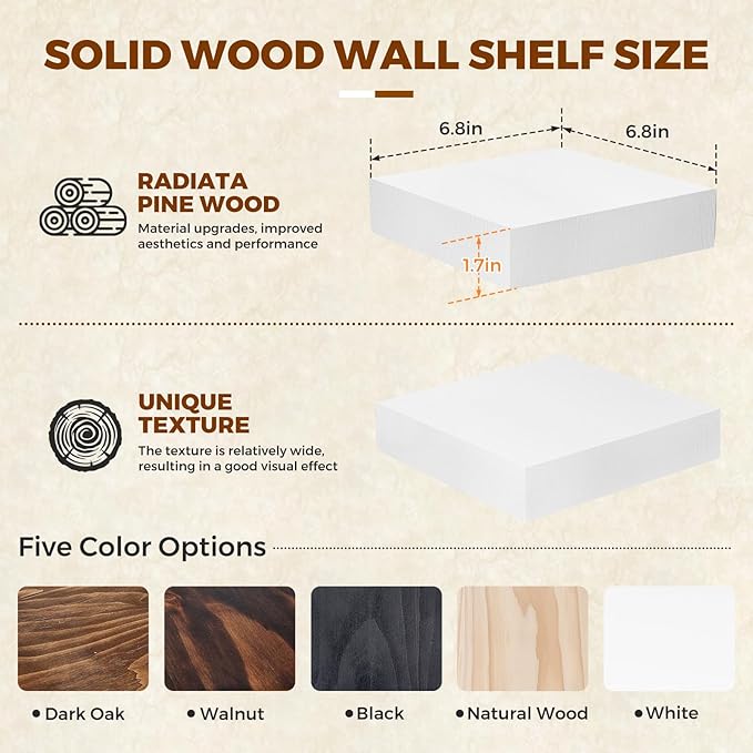 Floating Wall Shelves 6.8x6.8x1.7 Inch – Solid Wood Square Shelves in White Finish – Rustic Mini Display Shelves for Entryway, Bathroom, Small Spaces – Set of 2