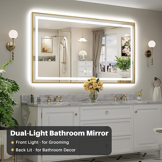 72x40 Inch LED Bathroom Mirror with Gold Frame, Backlit & Front Lit, Anti-Fog Lighted Bathroom Vanity Mirror for Wall, Memory Function, Dimmable, HD Tempered Glass, Shatter-Proof