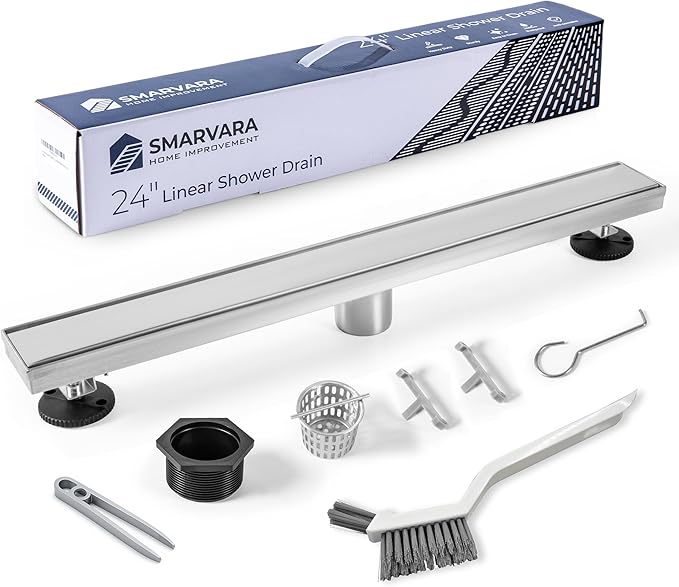 Linear Shower Drain 24 inch with 2-in-1 Flat & Tile Insert Cover - Brushed 304 Stainless Steel Shower Floor Drain - Bathroom Drain with Reversible Cover & Hair Catcher - Includes Cleaning Tools