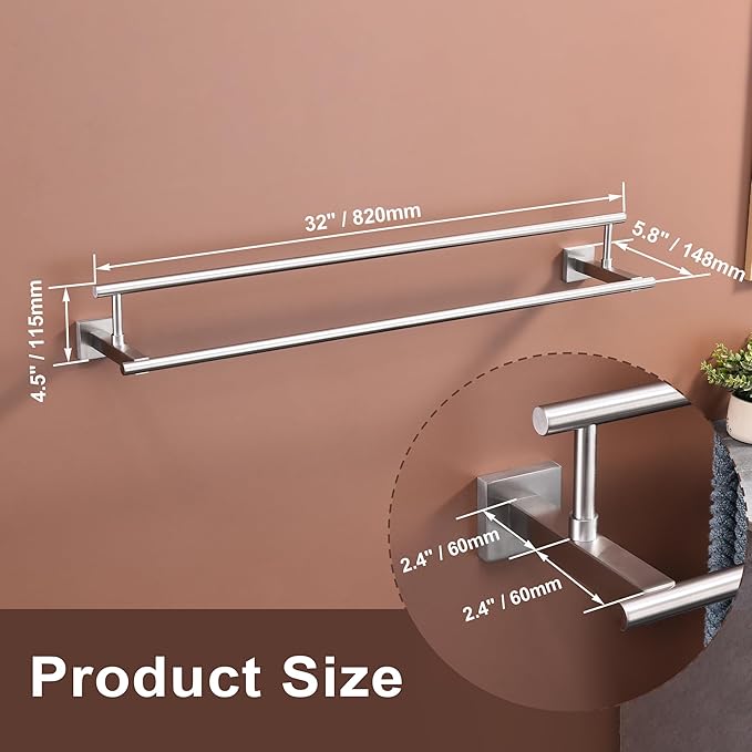 Bath Double Towel Bars, Towel Racks SUS304 Stainless Steel, Towel Holder for Bathroom Wall Mount, Towel Hanger Rail Accessories, 2-Tiers (Brushed Nickel, 32 Inch)