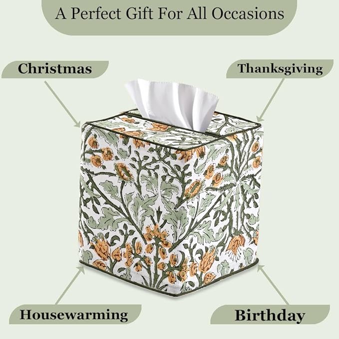 Ridhi Goldenrod Yellow Block Print Tissue Box Cover – Handmade Cotton Fabric Tissue Holder for Home Bedroom Living Room Bathroom Vanity Car Nightstand Office Kitchen – Decorative Square Napkin Holder