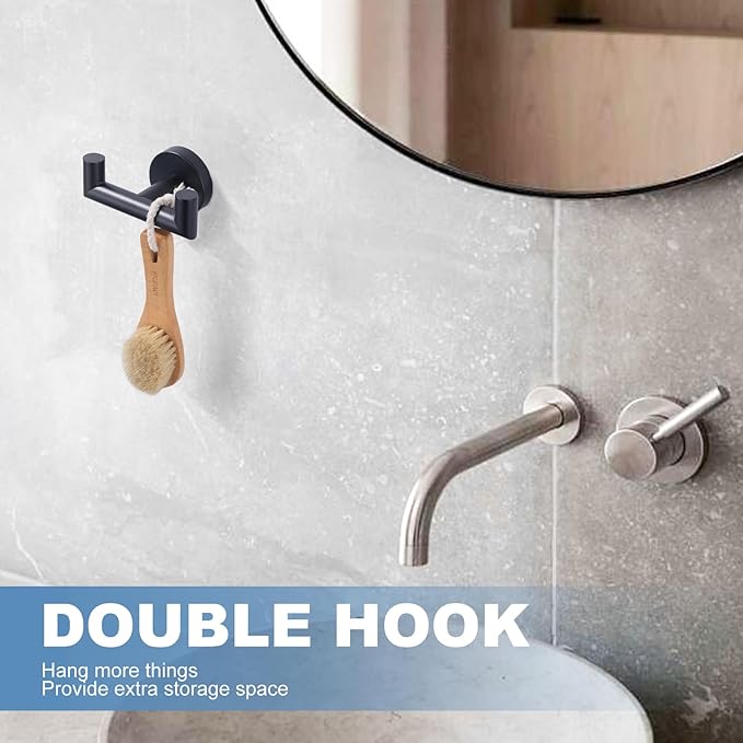 ALEASHA Shower Towel Hook for Bathroom, Stainless Steel Double Towel Hanger, Wall Mount Heavy Duty Bath Robe Hook Holder, Matte Black