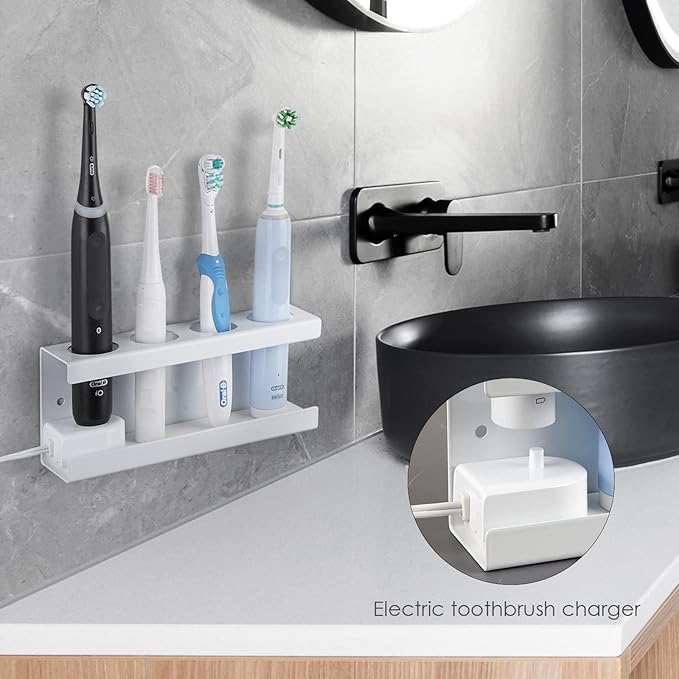 Wall Mounted Electric Toothbrush Holder, 4 Slots Stand with Diatomite Dish, Storage Rack Compatible with AquaSonic Black Series, Kingheroes Sonic, Oral-B (White)