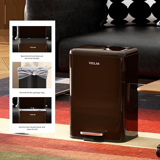 Kitchen Bathroom 8 Gallon Trash Can - Stainless Steel Garbage Cans with Foot Pedal, Recycling Bin with Lid for Office Bathroom Decor (Coffee, 30Liter / 8Gallon)