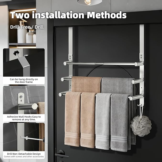 17-29inches Retractable Length Over The Door Towel Rack, 304 Stainless Steel Over The Door Towel Rack, Over Door Towel Holder with 3 Tier Towel Bars, Over Door Towel Storage for Bathroom