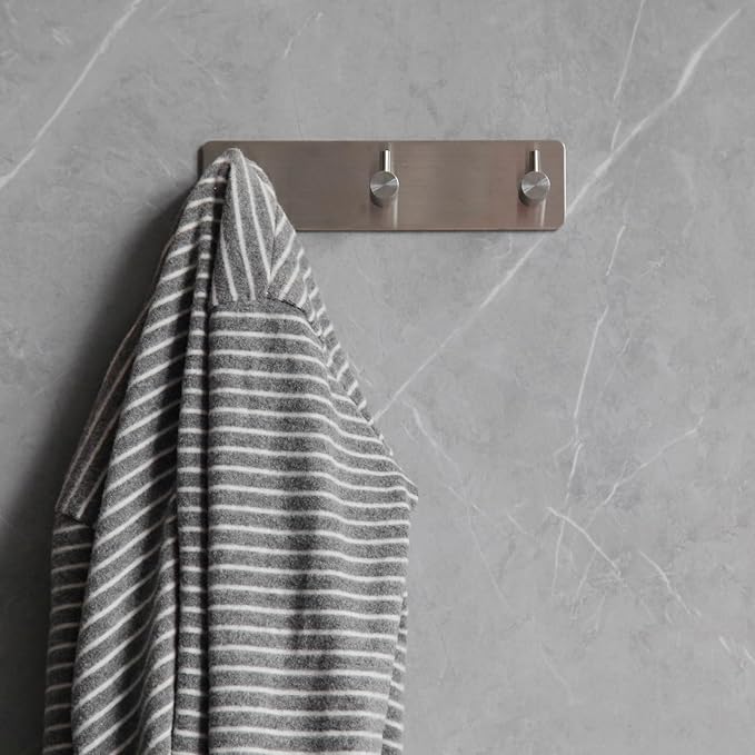 Self Adhesive Towel Hooks for Bathrooms Brushed Nickel Stick on Wall Bath Hanger Peel and Matte Shower Coat hook Mount 3 hooks, Silver