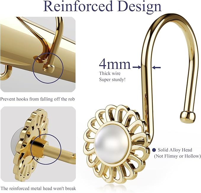 Gold Shower Curtain Hooks Rings, Decorative Shower Curtain Hangers, Heavy Duty Metal Shower Rings, Sunflower Shower Hooks for Shower Curtain Rod and Liner, Bathroom Curtain Hooks, Luxury Gold, iToplin