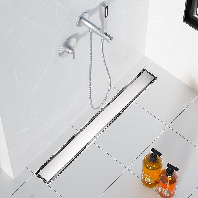 Neodrain 36-Inch Linear Shower Drain- with 2-in-1 Flat & Tile Insert Cover, Brushed 304 Stainless Steel Rectangle Shower Floor Drain, Floor Shower Drain with Adjustable Leveling Feet, Hair Strainer