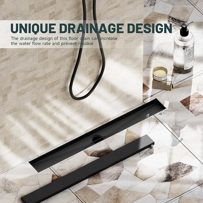 24-Inch Linear Shower Floor Drain, Stainless Steel Bathroom Floor Drains, Rectangular Shower Trench Floor Drain, Hair Strainer, Matte Black