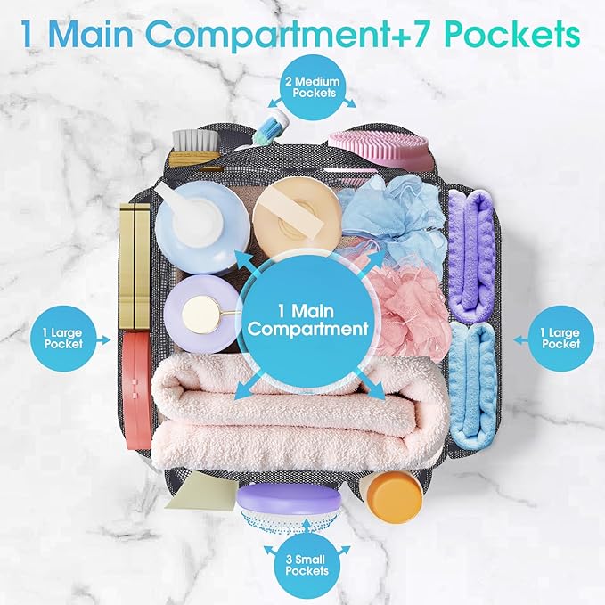 Mesh Shower Caddy Portable with Drawstring, 1 Main Compartment+ 7 Pockets, College Dorm Room Essentials for Girls, Shower Organizer Hanging Bag for Beach, Camp, Swim, Gym, Travel(Grey)