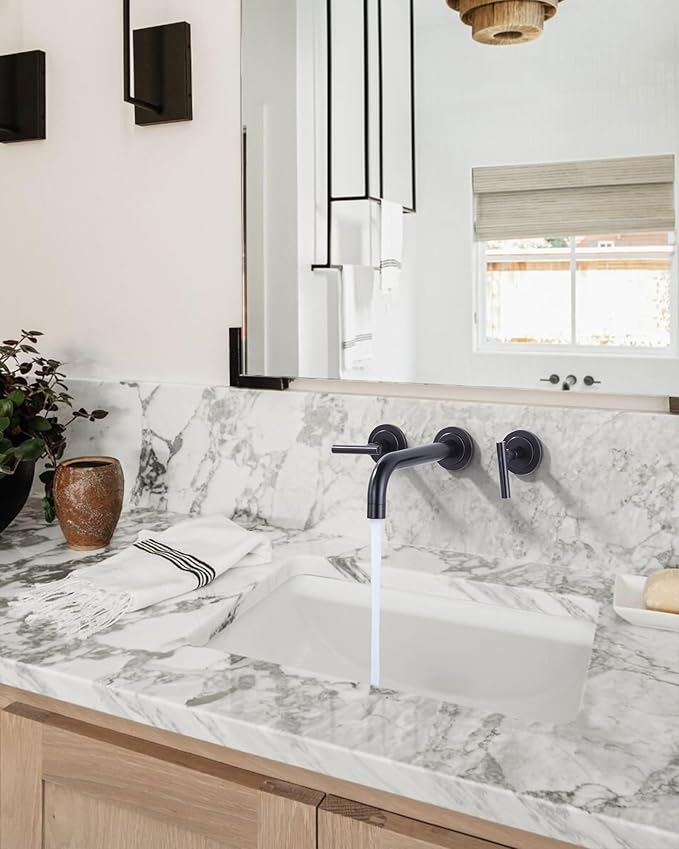 Wall Mount Bathroom Faucet:Oiled Rubbed Bronze Wall Faucet High Flow Two Handles Stainless Steels,Long Spout Reach,Widespread Bathroom Sink Faucet with Rough-in Valve 3 Holes Elegant Classic Spout