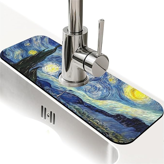 Kitchen Sink Splash Guard，Starry Night Faucet Mat Sink Gadgets-Super Absorbent Fast Drying Mat Drip Catcher for Kitchen, Bathroom,Sink Mat, Dish Drying Mat, Bathroom(15" X 5.5" )