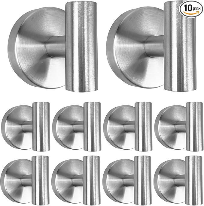 10 PCS Suction Cup Shower Towel Hooks, Wall Mount Robe Holder, Heavy Duty No Drill Wall SUS304 Waterproof Stainless Steel Hooks for Bedroom, Bathroom, Kitchen, Hotel and Office (Brushed Nickel)