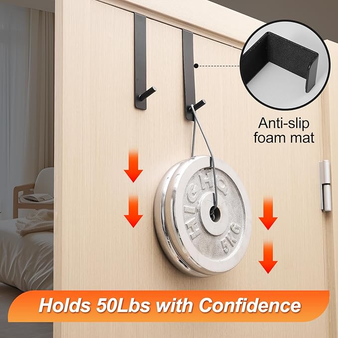 ARTOYS Door Hooks No Drill 4-Pack - Heavy Duty 50lb Capacity for Doors Up to 1-3/4" Thick - 304 Stainless Steel Black Hooks for Bedroom, Closet, Home Office Organization