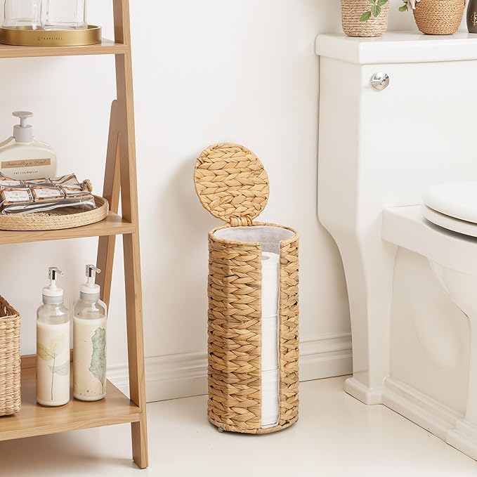 StorageWorks Water Hyacinth Free Standing Toilet Paper Holder Stand for Bathroom, 3 Rolls of Toilet Tissue Storage with a Built-in Cloth Lining, Toilet Roll Holder Stand with Lid (Pack of 2)