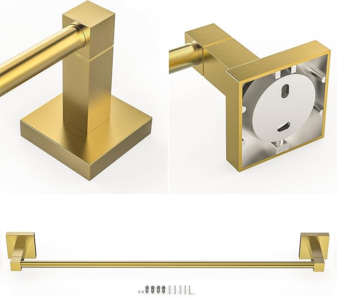 RUACQ Gold Towel Bar 24 inch, 304 Stainless Steel Towel Racks for Bathroom Wall Mounted, Heavy Duty Bath Towel Rod with Square Base（Brushed Gold）