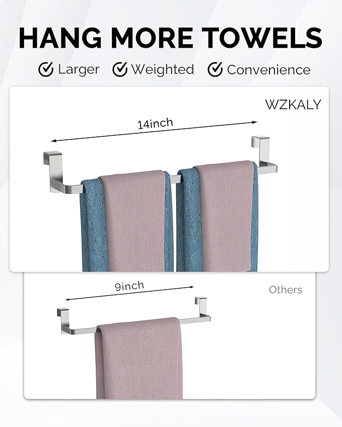 Over Cabinet Towel Rack, 2 Pack 14 Inch Over The Door Towel Bar Towel Hanger for Kitchen, Stainless Steel Over Cabinet Cupboard Kitchen Towel Holder, Foam Protective Mats (Silver)