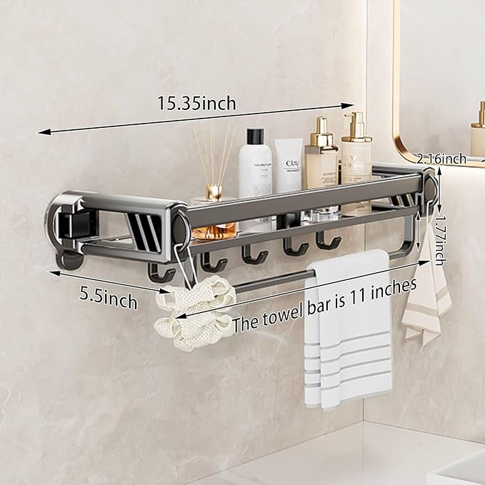 12" Shower Caddy Suction Cup, Concealed Shower Shelves Suction Cup with Hooks & Towel Bar, NO-Drilling Suction Shelf for Bathroom & Kitchen - Gray