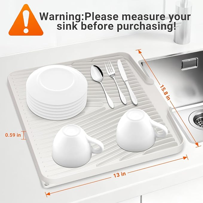 Silicone Dish Drying Mat for Kitchen Counter, 15.8" x 13"Dish Drying Pad, Non-Slip Drain Pad with Built-in Drain, Heat Resistant Stone Drying Mat, Cream