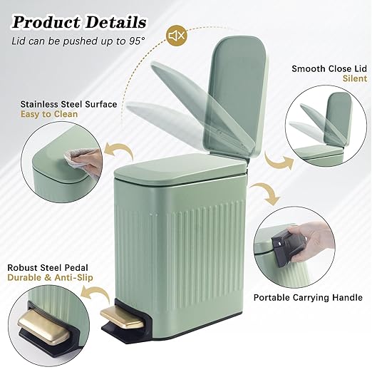 Soddeph Small Narrow Bathroom Trash Can with Lid Bathroom,1.6 Gallon Stainless Steel Wastebasket with Lid Soft Close,Slim Trash Can with Removable Inner Bucket for Toilet, Bedroom,Office (Green)
